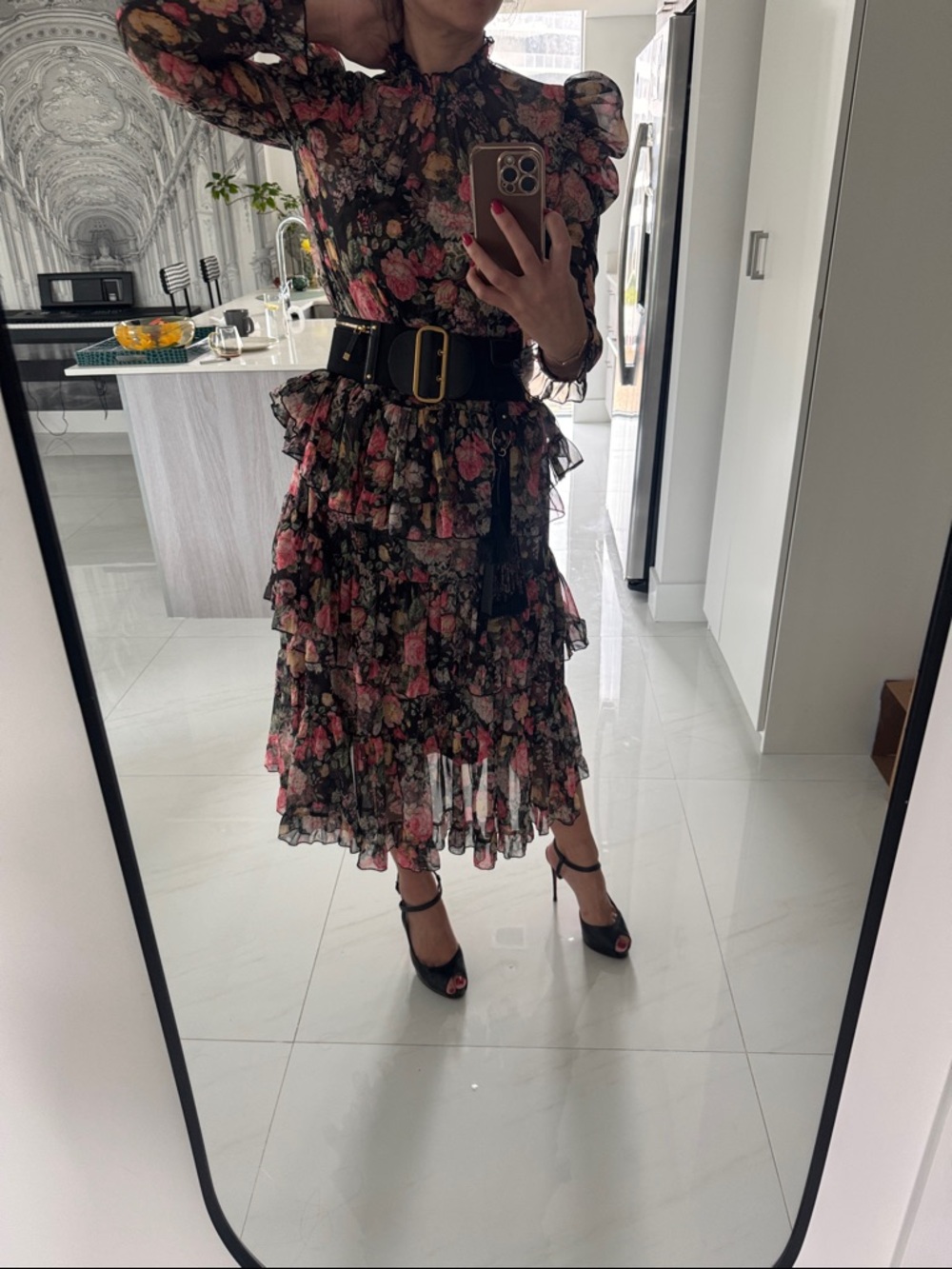 Zimmermann Floral Silk Ruffle Midi Dress Black Romantic Tiered